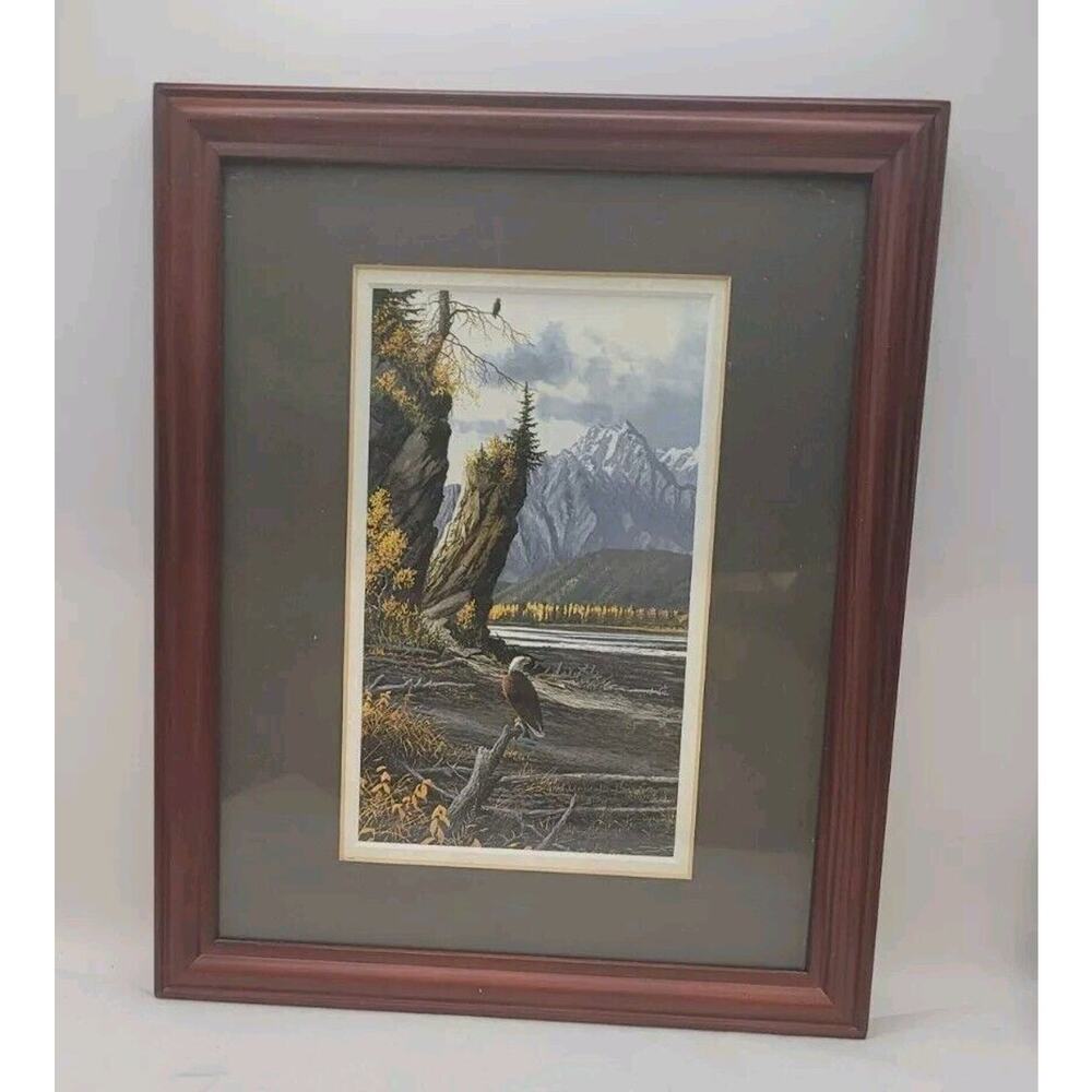 Eagle Perched Mountains Lake Painting Framed 8x10 Outdoors Relaxing EagleLife - Picture 1 of 13